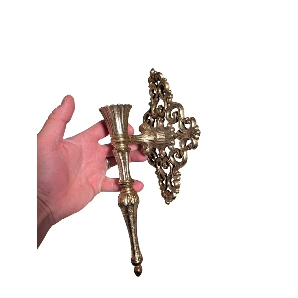 Vintage Ornate Brass Tone Metal Wall Sconce Rococo Filigree Candle Holder